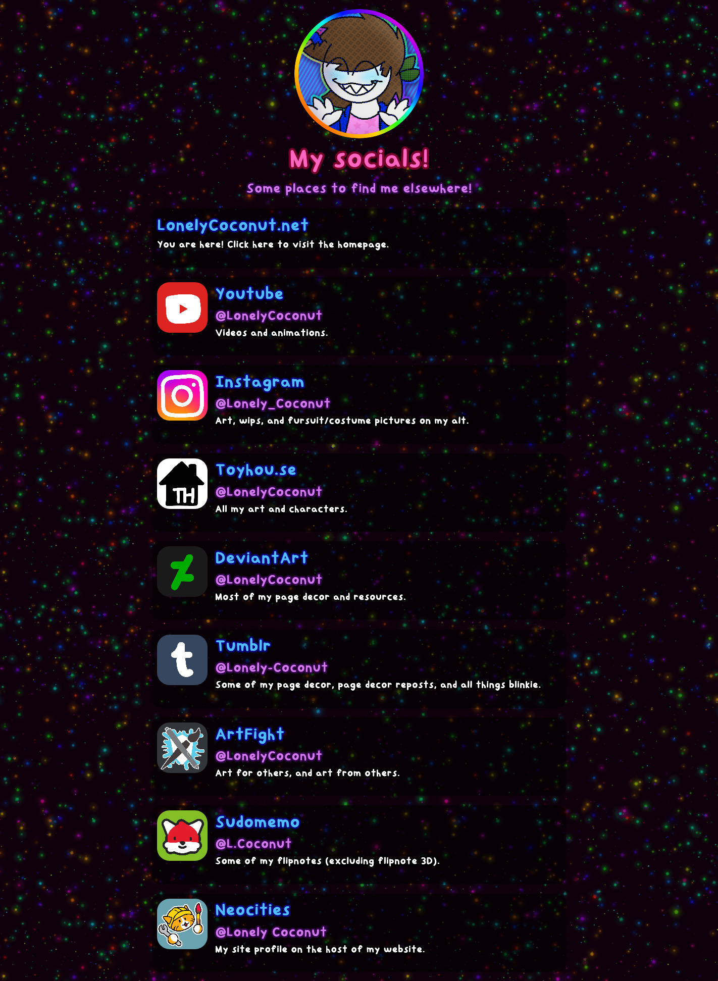 A screenshot of my first public socials page. socials7:16:25